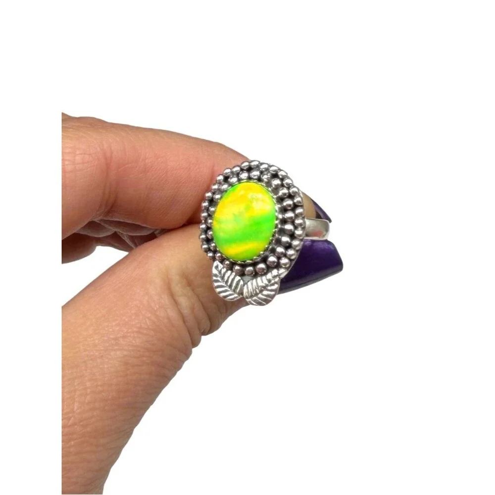 Lime Green Aurora Opal Ring Size 6.5 Solid 925 Sterling Silver Aura
